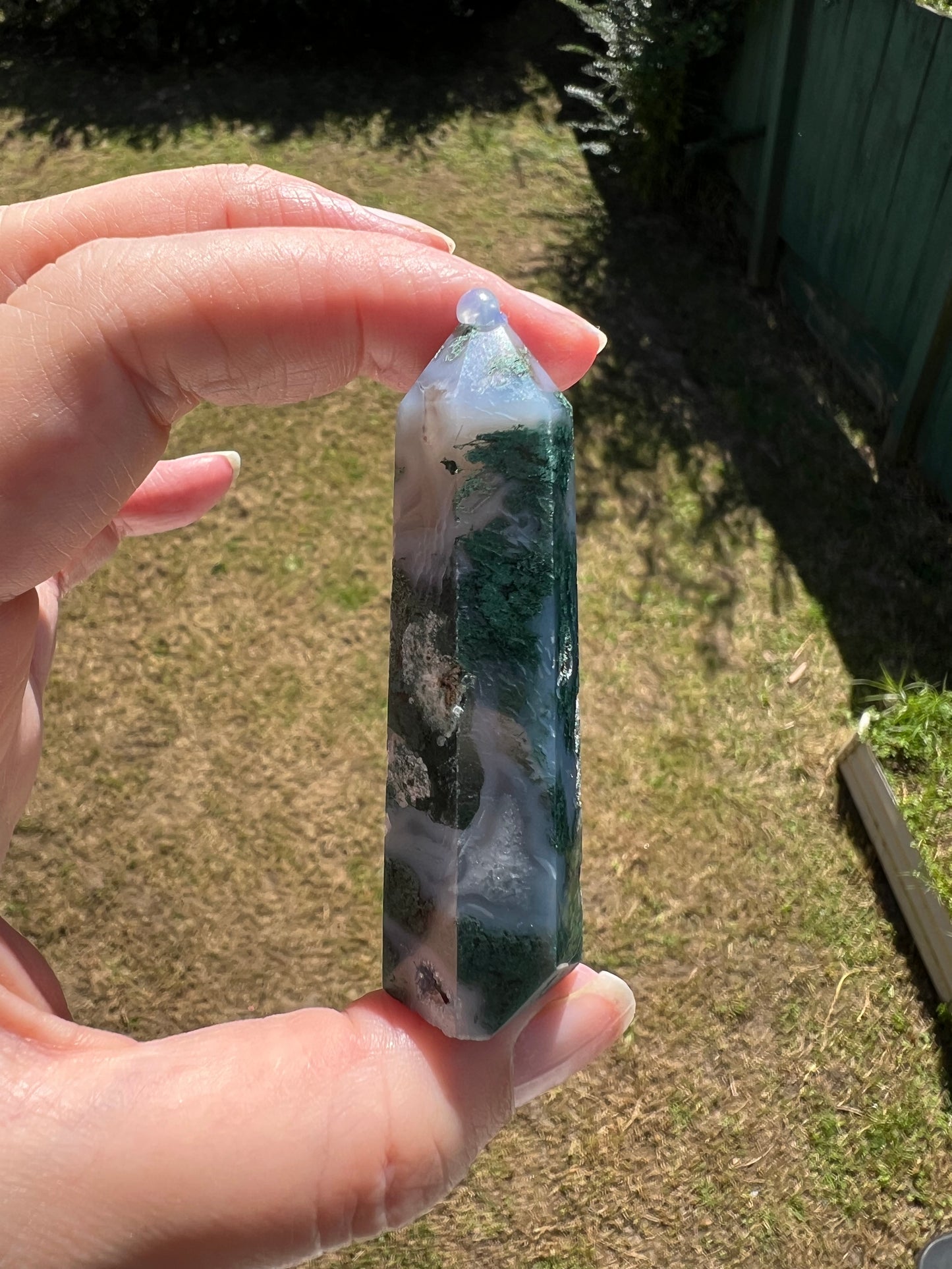 NATURAL MOSS AGATE POINT WITH DRUZY