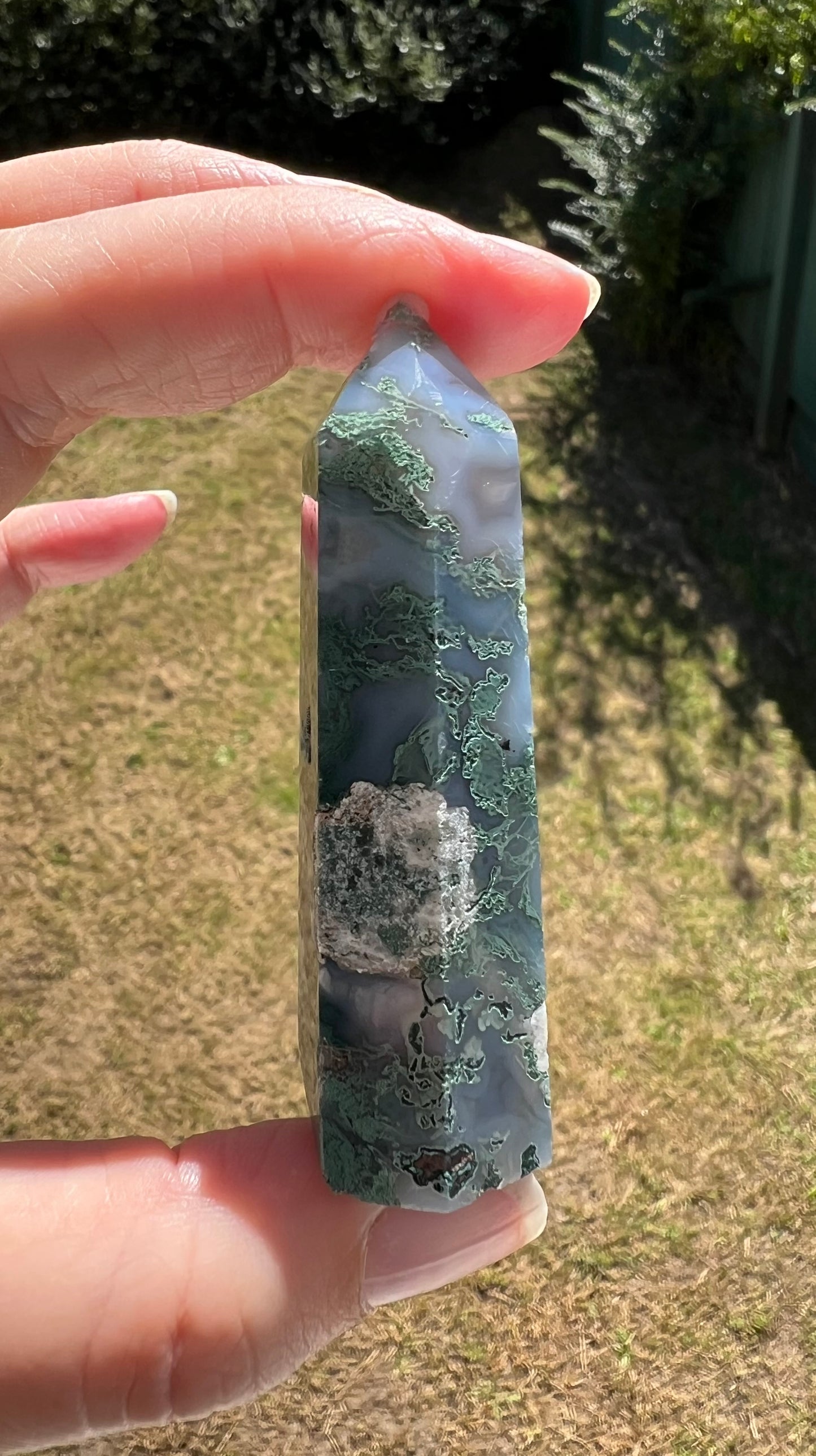 NATURAL MOSS AGATE POINT WITH DRUZY