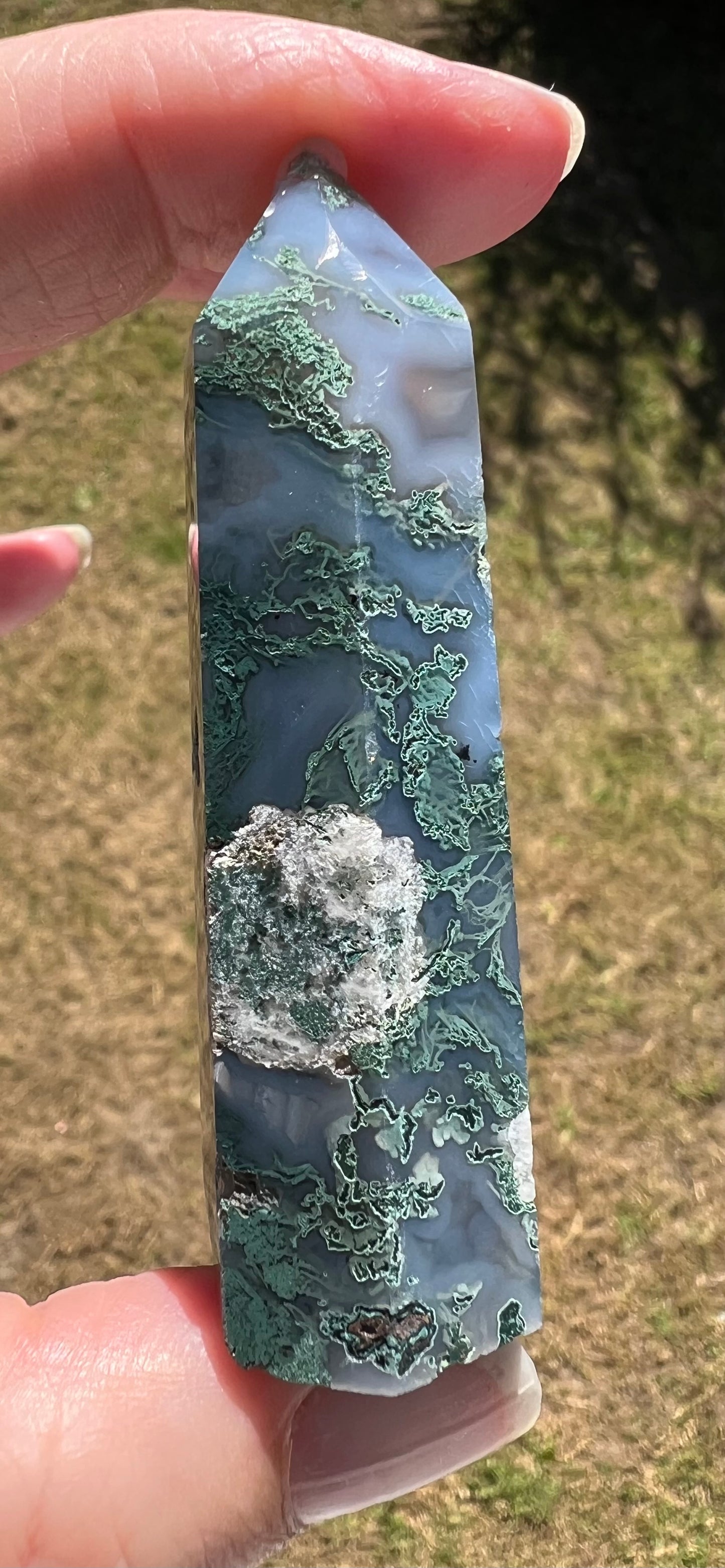 NATURAL MOSS AGATE POINT WITH DRUZY