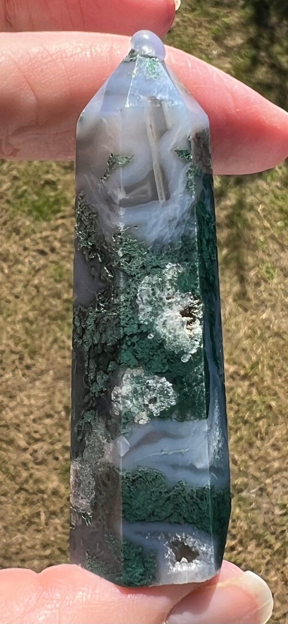 NATURAL MOSS AGATE POINT WITH DRUZY