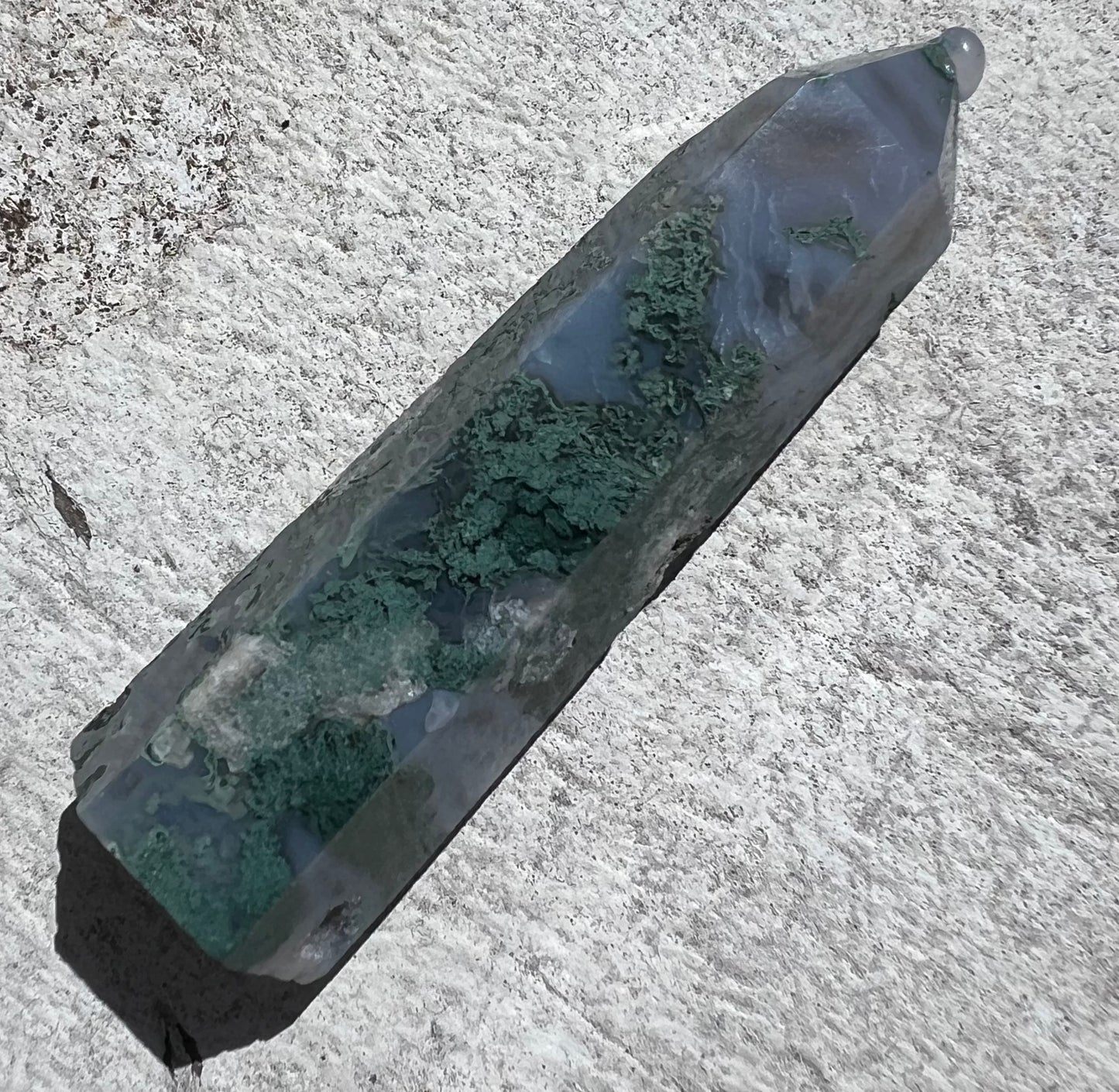 NATURAL MOSS AGATE POINT WITH DRUZY