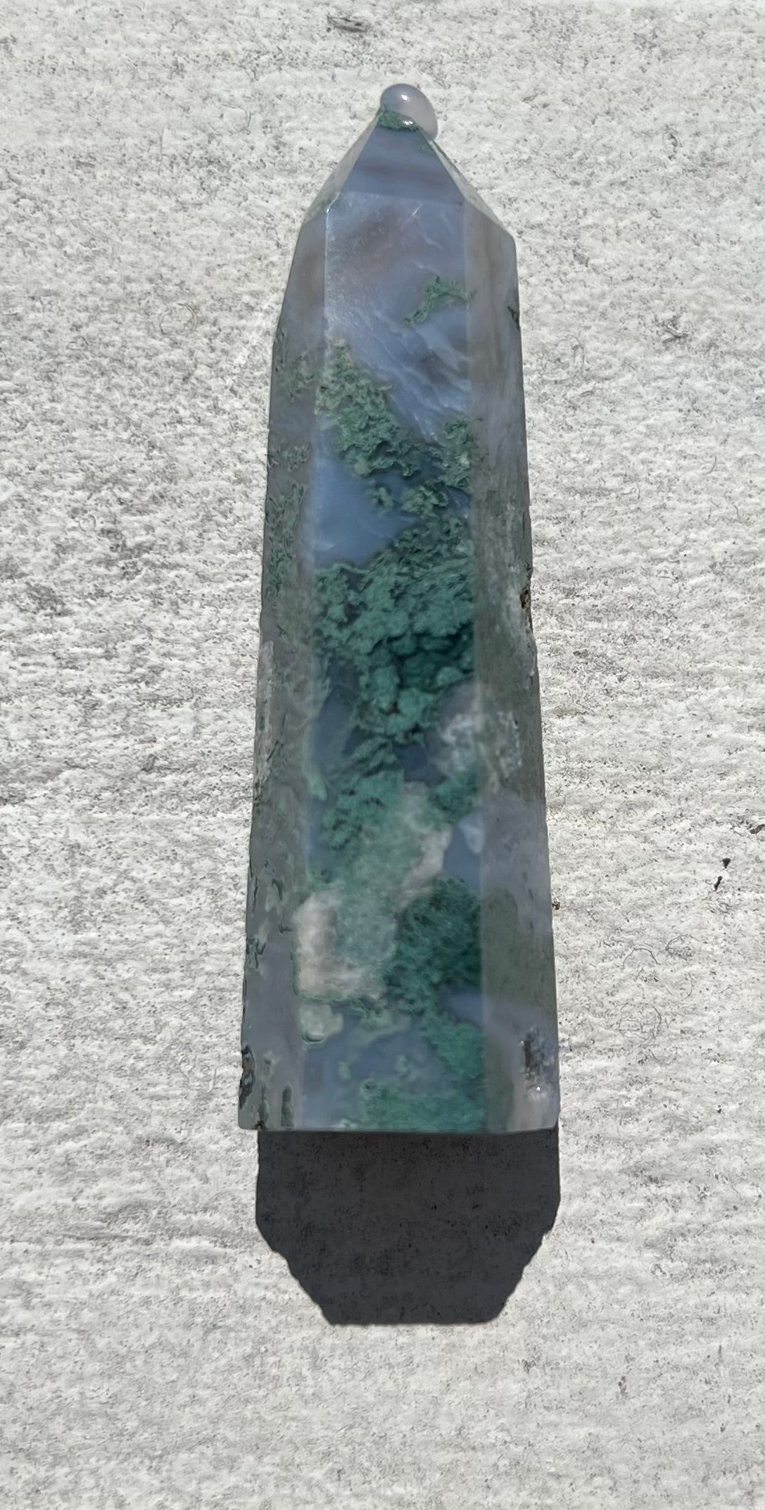 NATURAL MOSS AGATE POINT WITH DRUZY