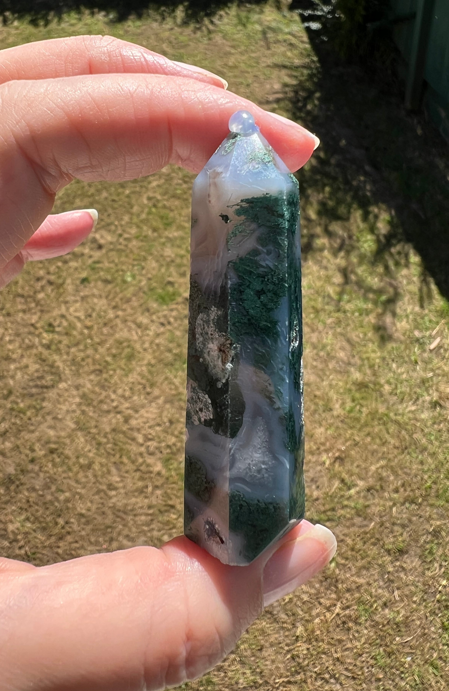 NATURAL MOSS AGATE POINT WITH DRUZY