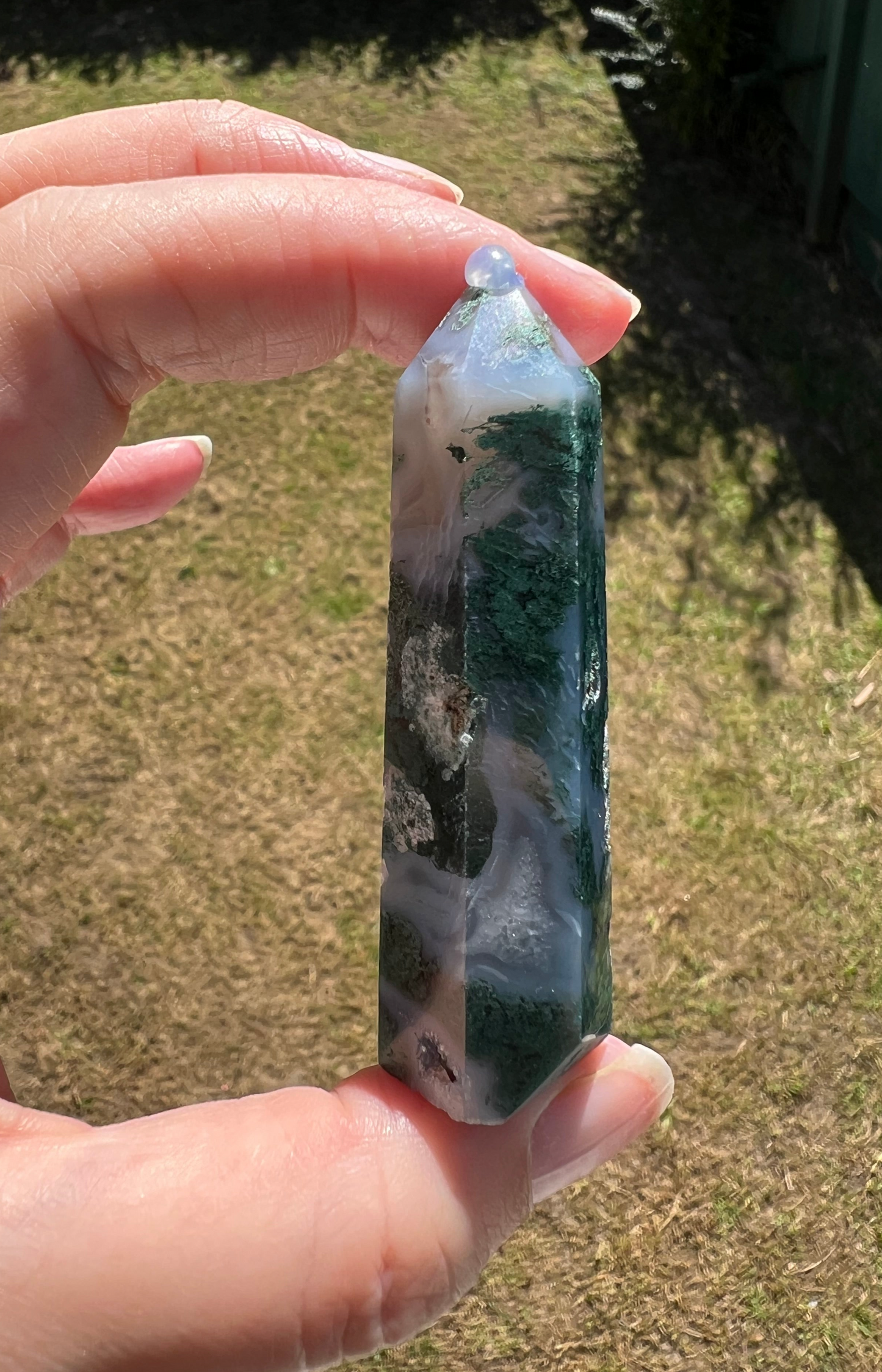 NATURAL MOSS AGATE POINT WITH DRUZY